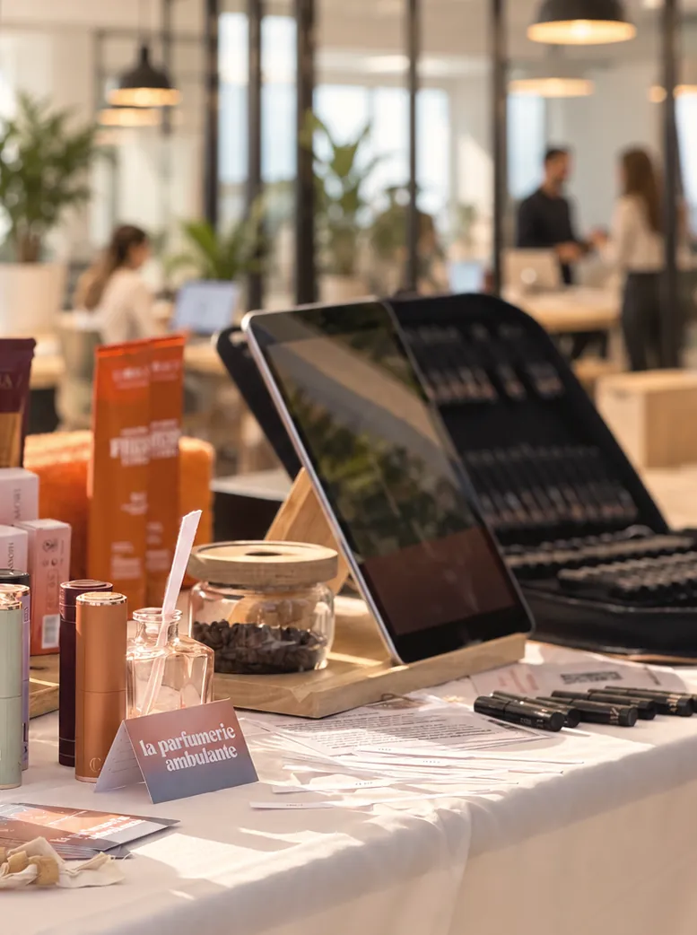 Le pop-up olfactif installé sur une table dans des bureaux : tablette, mallette d'échantillons, étuis et produits